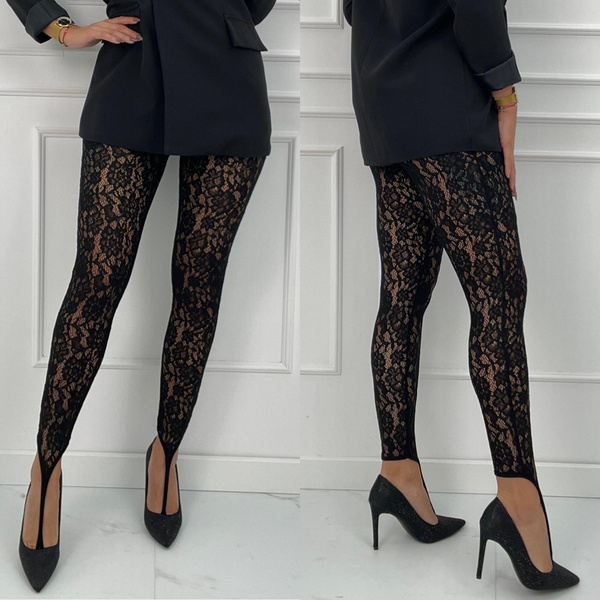 Legginsy koronkowe z zakładką na palec - Czarne