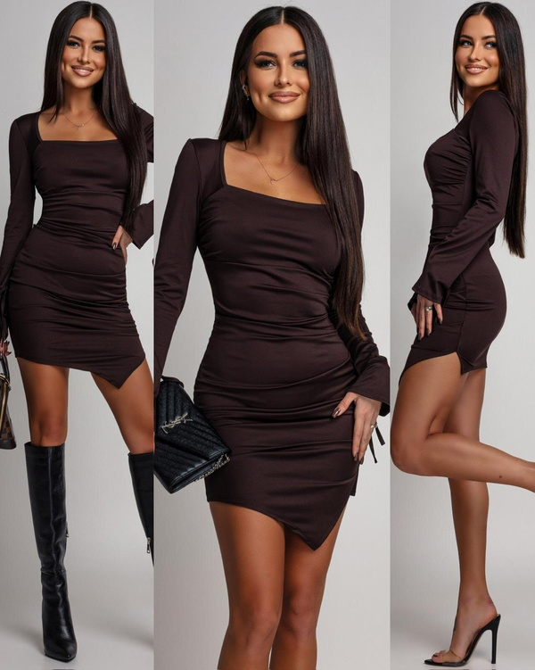 ELEGANCKA MINI DOPASOWANA SUKIENKA z długim rekawm Victoria czekoladowy