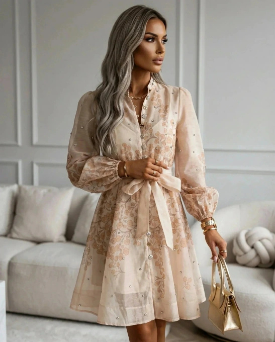 Elegancka Sukienka Beżowa z Kwiatowym Haftem Transparentne Rękawy Midi