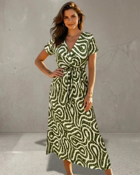 Elegancka sukienka midi z dekoltem V w zielony abstrakcyjny wzór z paskiem