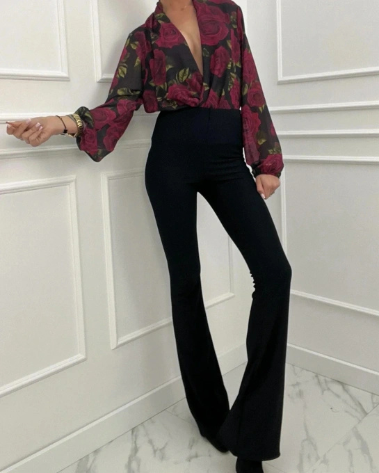 Spodnie Damskie Dzwony Czarne Modelujące Sylwetkę Wysoki Stan Elastyczne