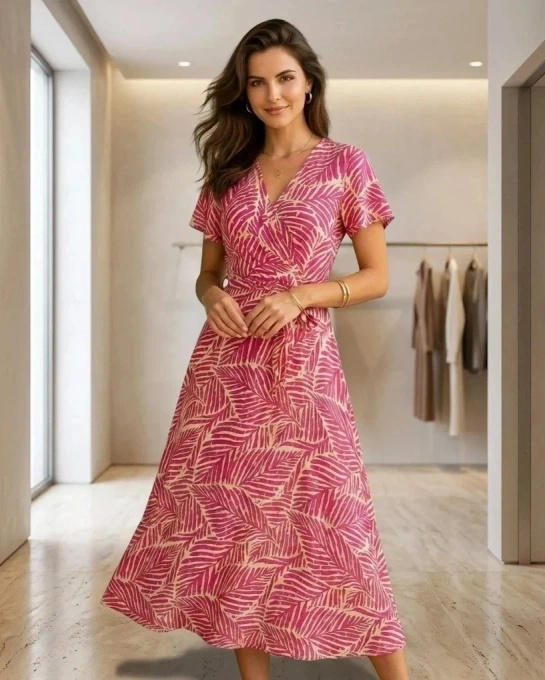 Sukienka Maxi Różowa w Liście Palmowe z Dekoltem V i Wiązaniem w Talii Letnia