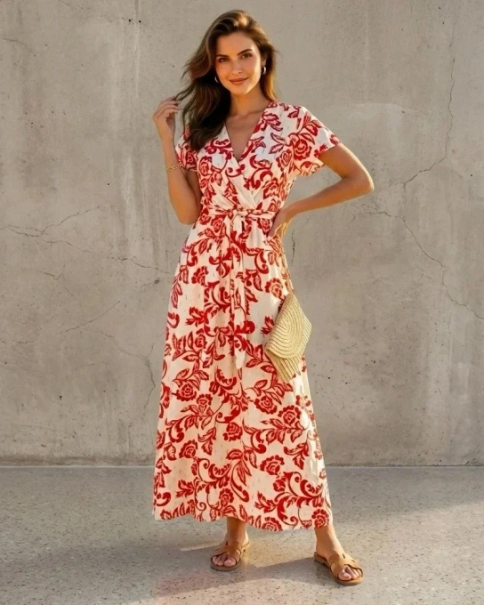 Sukienka Maxi Kwiatowa z Dekoltem Kopertowym V Czerwony Print Letnia