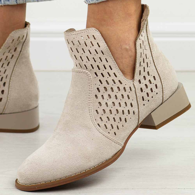 Beżowe ażurowe pólbuty  botki damskie na obcasie