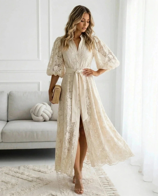 Sukienka koronkowa maxi na wesele DEDUCE elegancka z bufkami beżowa cappuccino