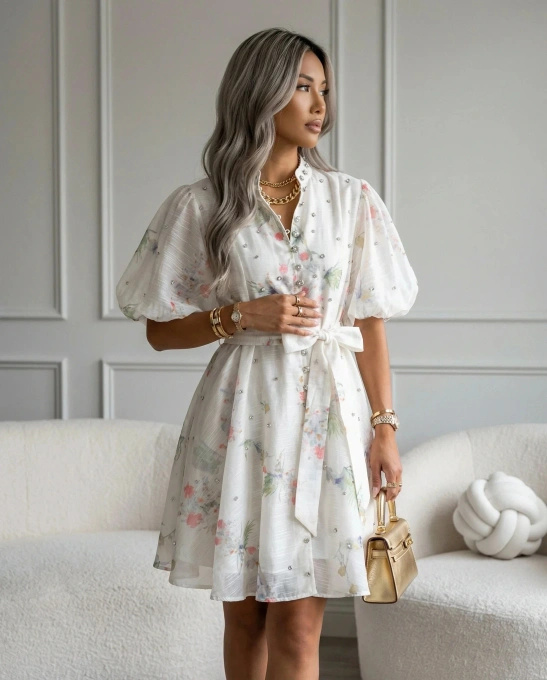 Sukienka letnia w kwiaty SHINE midi z lnem bufiaste rękawy pasek wiosna-lato