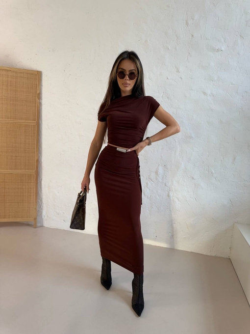 Elegancki kobiecy Komplet NUMB 2 w 1 spódnica+ top czekolada