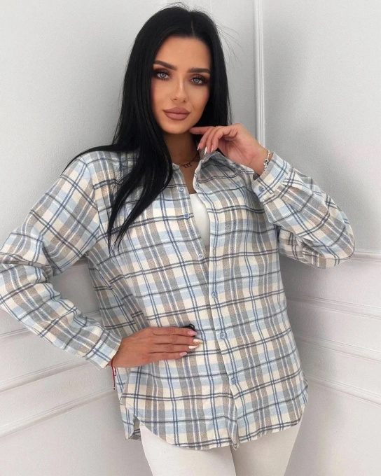 Koszula Damska w Kratę Błękitno-Beżowa Oversize z Długim Rękawem