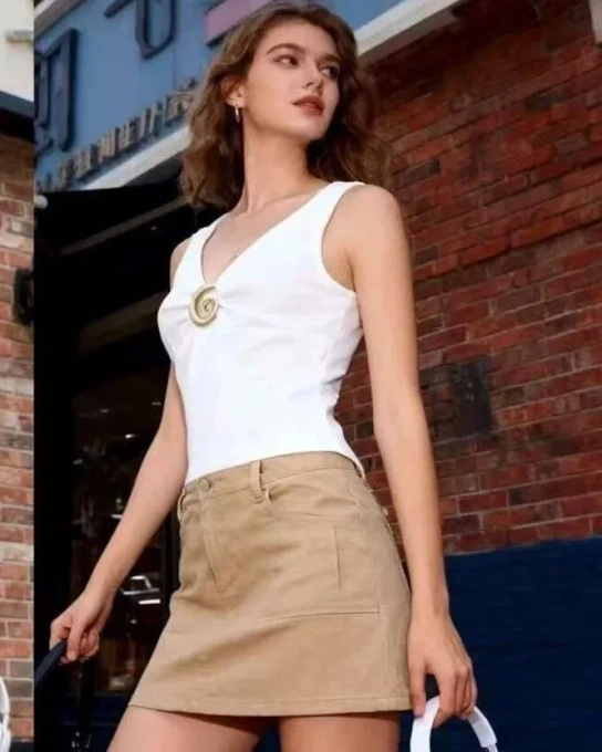 Body damskie z głębokim dekoltem V i złotą broszką - modny fason