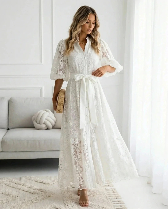 Sukienka koronkowa biała maxi z bufkami na wesele chrzciny komunię elegancka DEDUCE