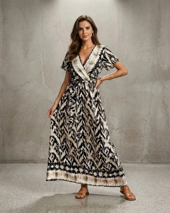 Sukienka maxi wiskoza etniczna wzory dekolt V pasek letnia uniwersalna