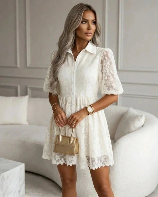 Sukienka Koronkowa Biała ROMANTIC Elegancka Mini z Bufiastymi Rękawami na Wesele