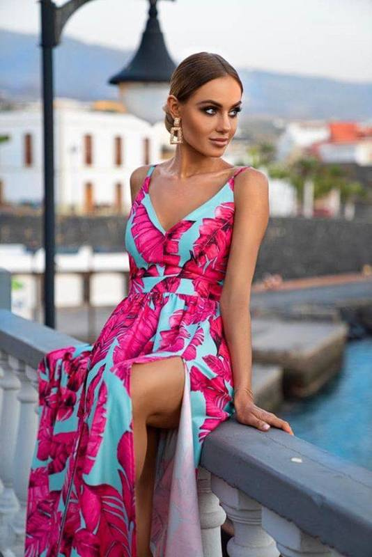 Długa Sukienka NINA z dwoma rozporkami - turkusowa w fuksjowe kwiaty