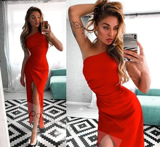 Zmysłowa sukienka wieczorowa  na jedno ramię z rozcięciem czerwona.