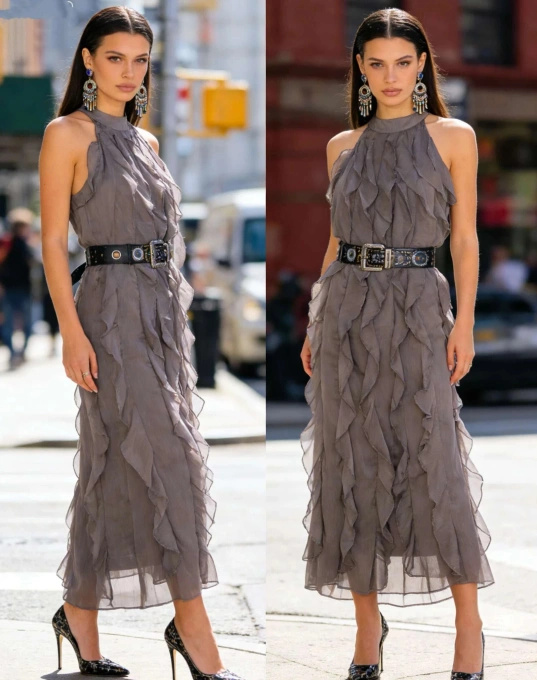 Elegancka sukienka midi z pionowymi falbanami LERDA - idealna na wesele i wyjątkowe okazje