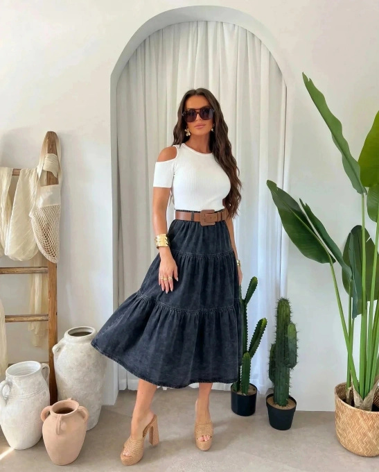 Spódnica jeansowa rozkloszowana damska z paskiem midi ciemny jeans bawełniana