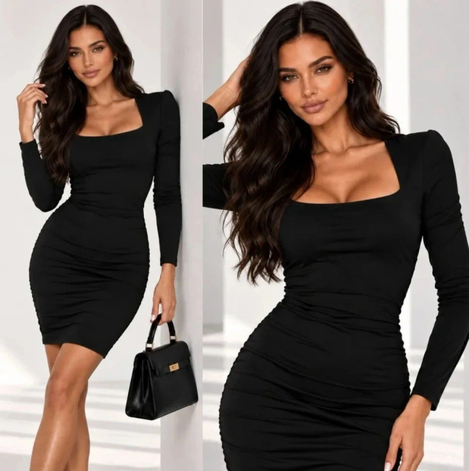 Czarna sukienka mini bodycon z dekoltem karo i długim rękawem na imprezę