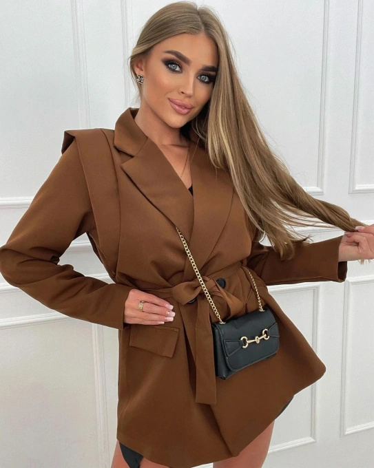 Elegancka brązowa marynarka damska z paskiem oversize żakiet uniwersalny