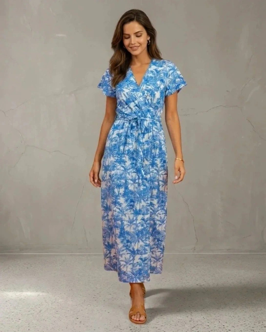 Sukienka Maxi Niebieska w Tropikalny Print z Dekoltem V i Wiązaniem w Talii