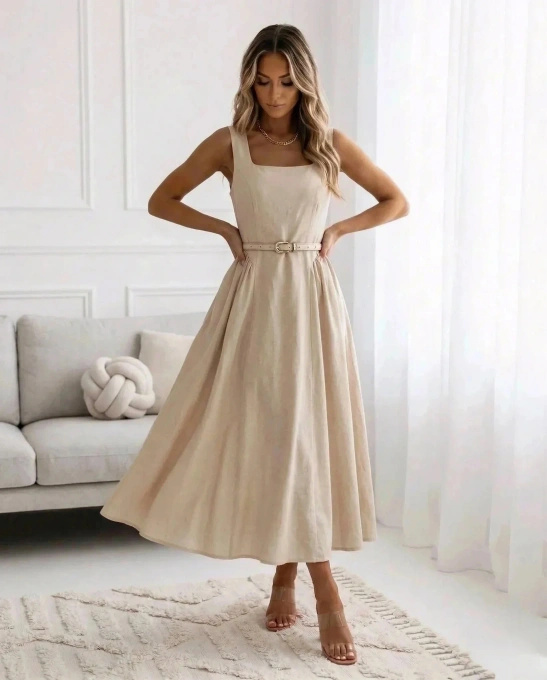 Sukienka maxi letnia na ramiączkach z paskiem beżowa rozkloszowana