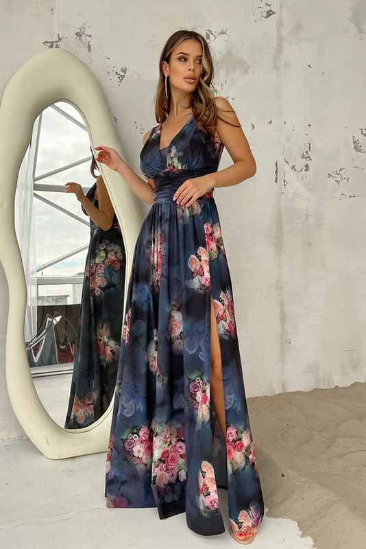 Elegancka MXI SUKIENKA W KWIATY - granatowy kwiaty