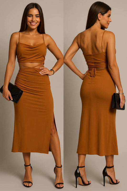 Dopasowana Sukienka Brendy midi camel