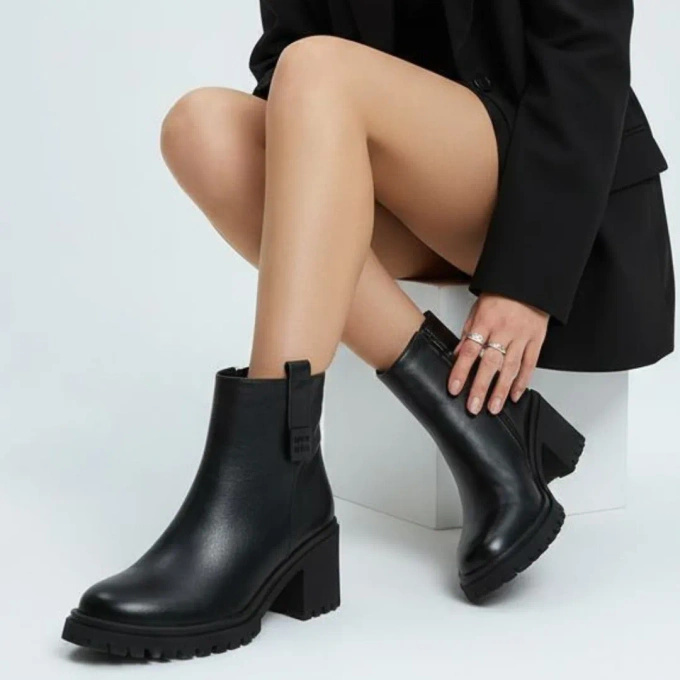 Botki damskie na obcasie  ze skóry naturalnej czarne