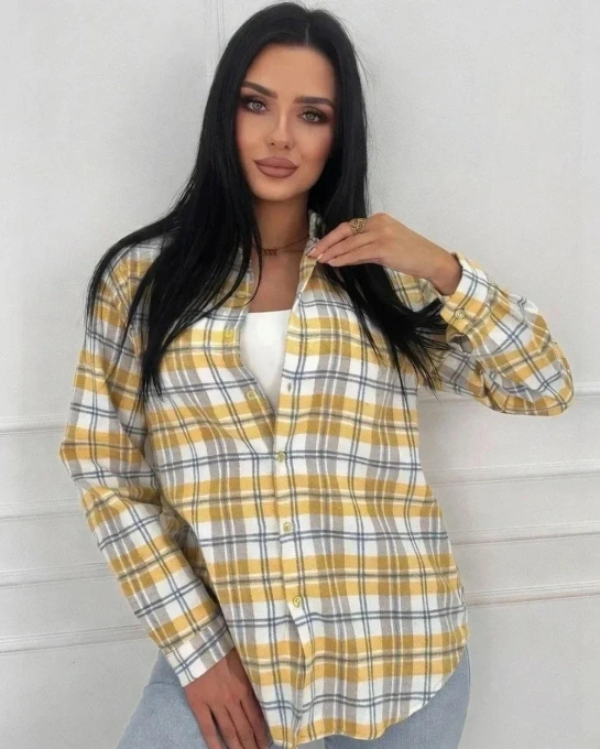 Koszula Damska w Kratę Żółta Flanelowa Oversize z Długim Rękawem