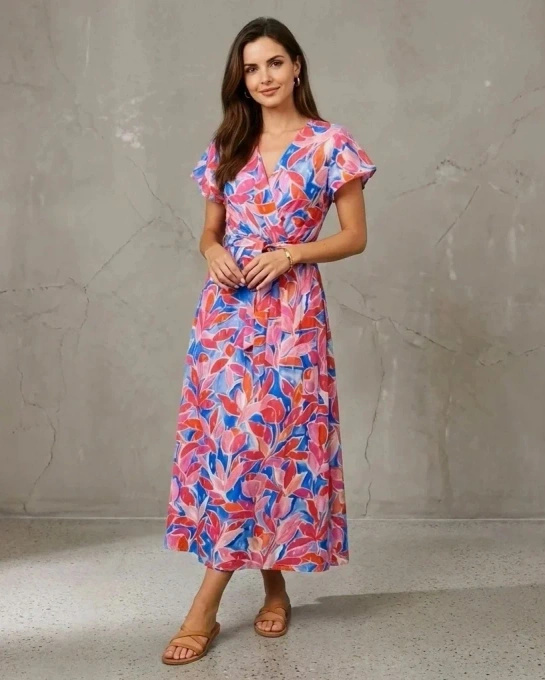 Sukienka maxi letnia w kolorowe liście z wiązaniem w talii zwiewna