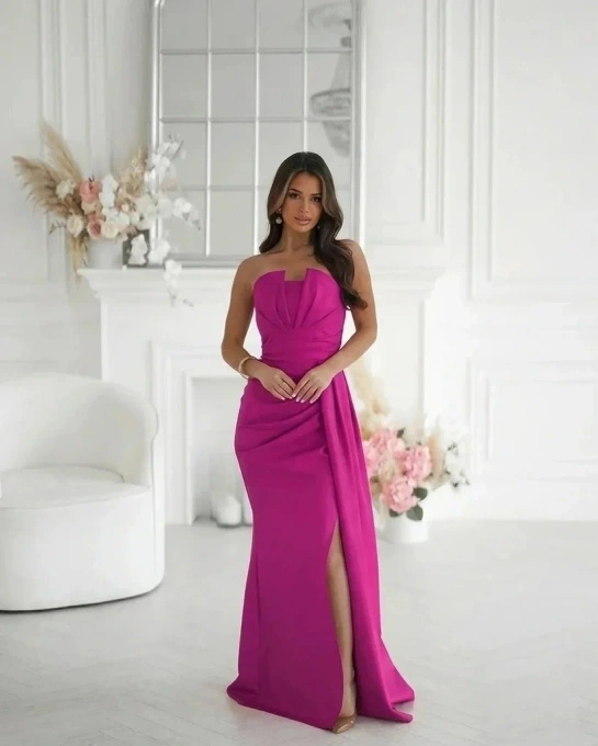 Elegancka Sukienka Wieczorowa Maxi Fuksja z Rozcięciem