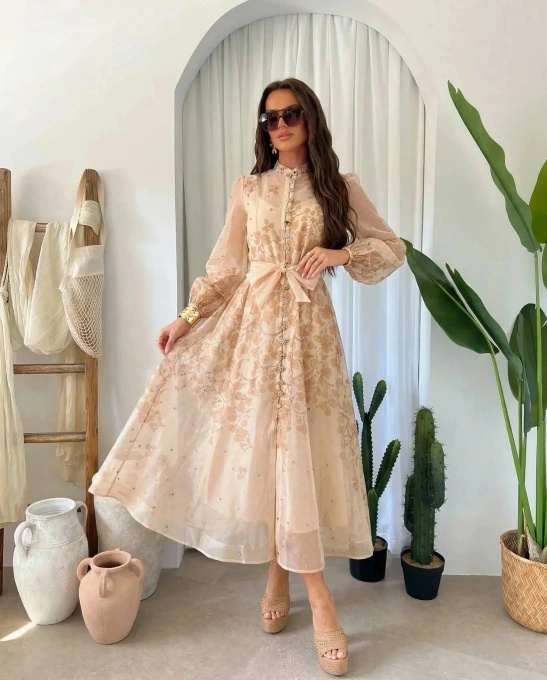 Elegancka Sukienka Maxi Beżowa w Kwiaty z Transparentnymi Rękawami na Wesele