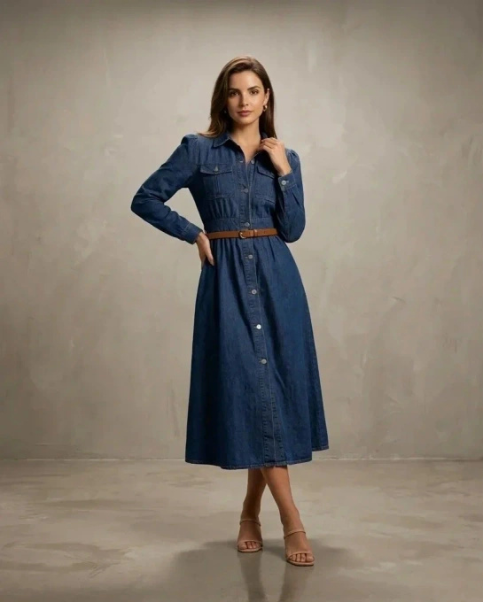 Sukienka jeansowa midi koszulowa z długim rękawem zapinana na guziki denim