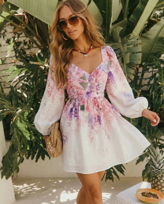 Sukienka Rozkloszowana Różowa w Kwiaty GLORIA Długi Rękaw Letnia Midi