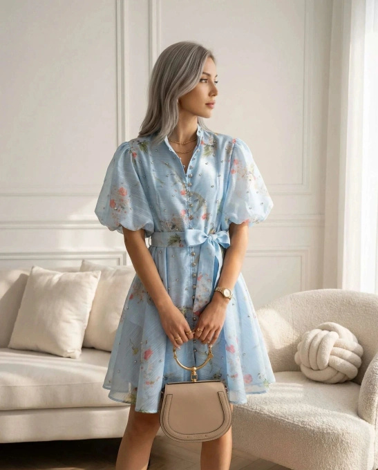 Sukienka SHINE Błękitna w Kwiaty Midi z Bufiastymi Rękawami Bawełna Len Lato