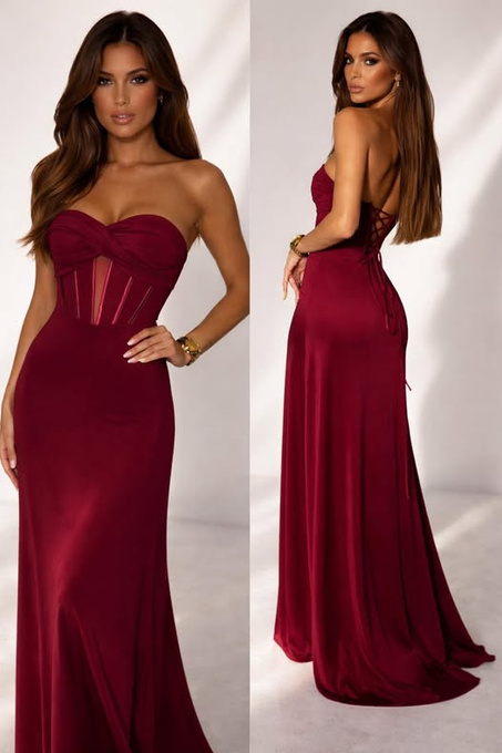 Elegancka Sukienka gorsetowa  maxi Wasabi bordowa