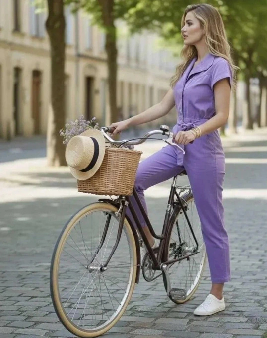 Kombinezon damski fioletowy z paskiem elegancki bawełniany z kieszeniami