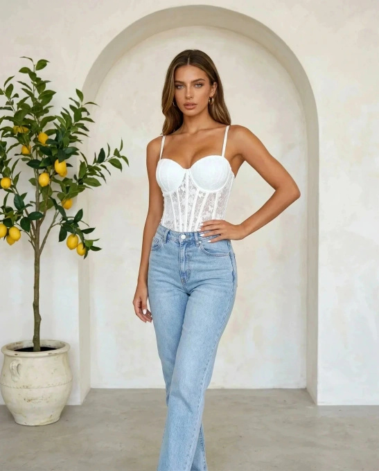 Biały gorset damski koronkowy z fiszbinami modelujący sylwetkę na ramiączkach