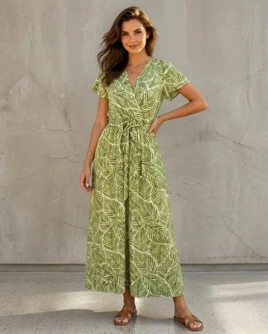 Sukienka Maxi Letnia Zielona w Liście Tropikalne Zwiewna z Wiązaniem Elegancka