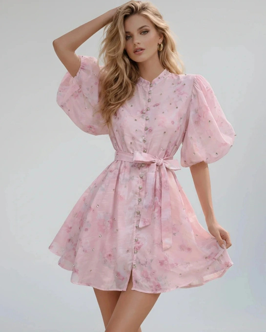 Sukienka Różowa w Kwiaty Midi Rozkloszowana z Bufiastymi Rękawami i Paskiem Letnia