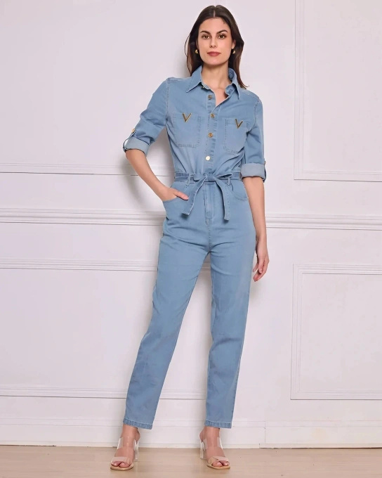 Kombinezon Jeansowy Damski z Paskiem Długie Nogawki Złote Zdobienia Elegancki