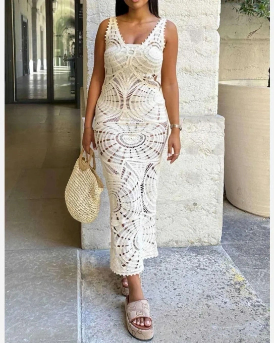 Sukienka Ażurowa Biała Maxi Szydełkowa Letnia Plażowa na Ramiączkach Boho