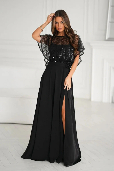 Elegancka Czarna Sukienka Na Ramiączkach Z Cekinowym Bolerkiem 333-06
