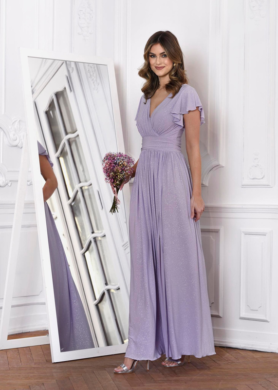 Selena długa sukienka wieczorowa z krótkimi rękawami lila brokat