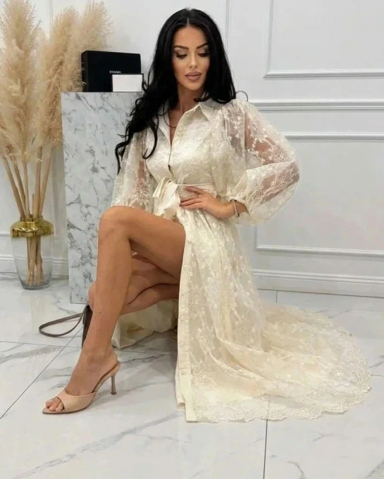 Kremowa Sukienka Maxi Koronkowa w Kwiaty z Bufiastymi Rękawami na Wesele