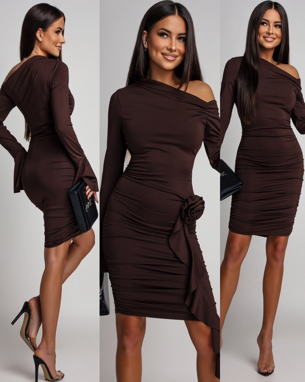 ELEGANCKA MINI DOPASOWANA SUKIENKA z długim rękawem Sarah  czekoladowy