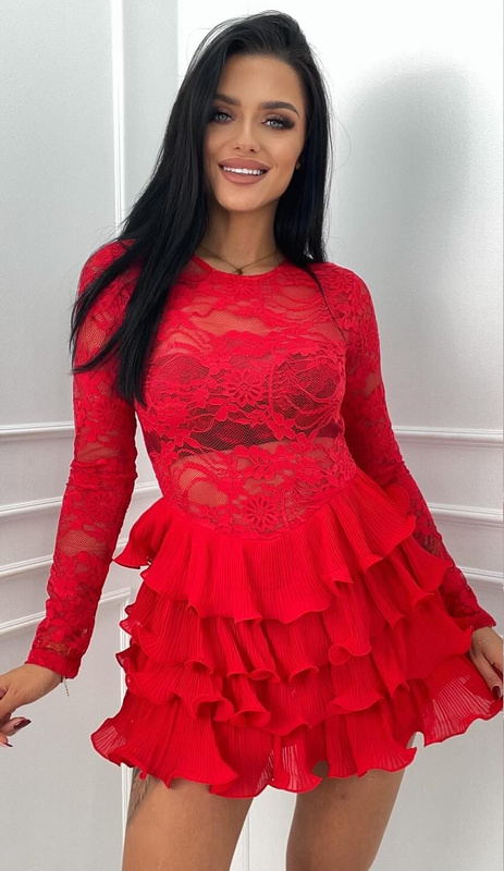 Wieczorowy koronkowy kombinezon damski mini z falbanami czerwony