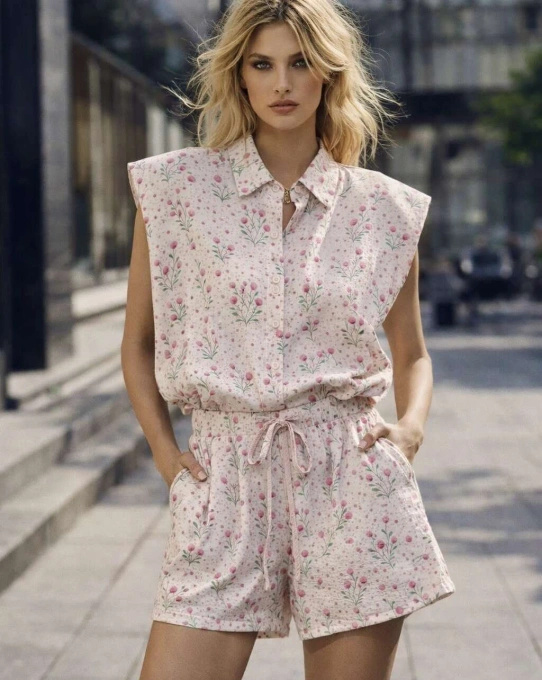 Komplet Damski Letni Różowy w Kwiaty - Koszula Bez Rękawów i Spodenki