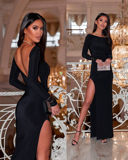 Amelia czarna sukienka wieczorowa z odkrytymi plecami i rozcięciem