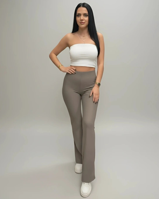 Spodnie Dzwony Damskie Modelujące Prążkowane Wysoki Stan Khaki Elastyczne