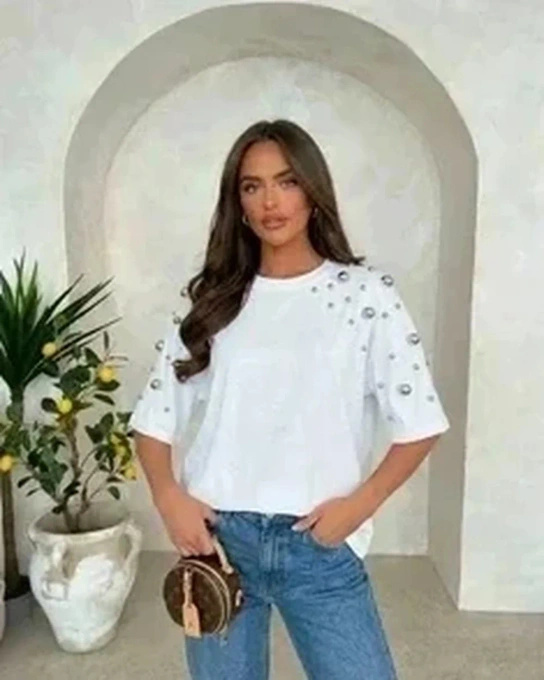 Biała bluzka damska z perłami bawełniana oversize elegancka na co dzień